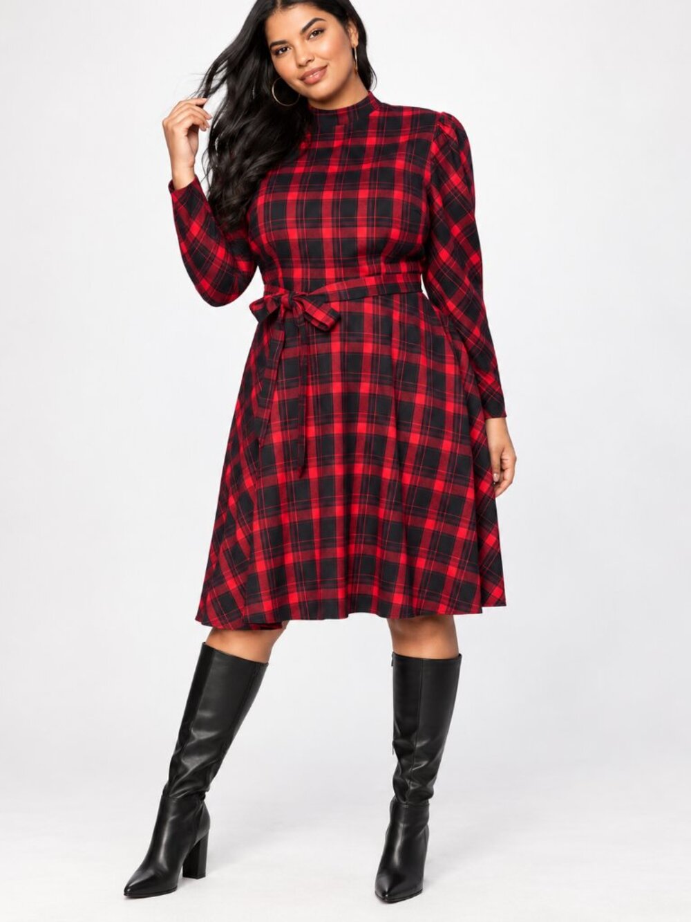 ELOQUII Plaid Puff Sleeve Belted Dress Size 22 Red Black Holiday